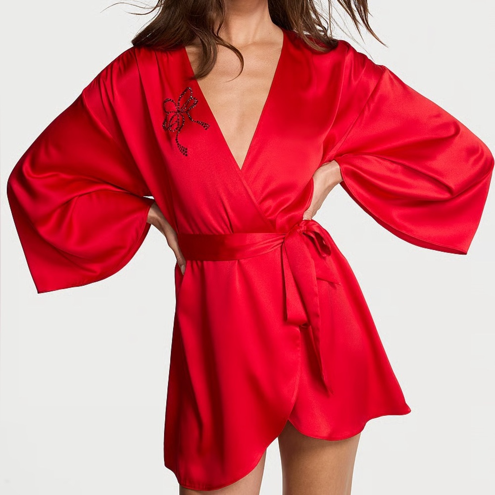 Victoria's Secret Satin Sparkle Bow Short Robe, Bright Vermillion